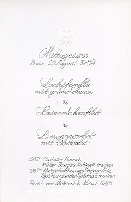 SPEISEKARTE DER BUNDESREGIERUNG zum Mittagessen, Bonn 30....