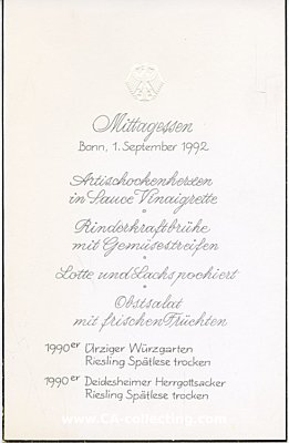 SPEISEKARTE DER BUNDESREGIERUNG zum Mittagessen, Bonn 1....