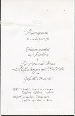 SPEISEKARTE DER BUNDESREGIERUNG zum Mittagessen, Bonn 20....