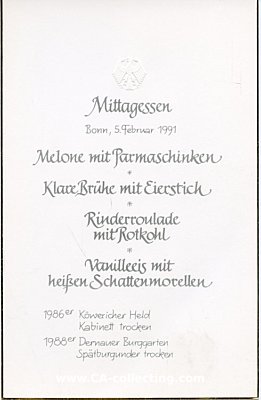 SPEISEKARTE DER BUNDESREGIERUNG zum Mittagessen, Bonn 5....