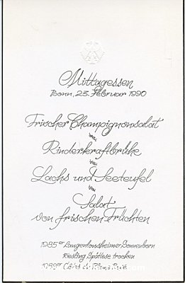 SPEISEKARTE DER BUNDESREGIERUNG zum Mittagessen, Bonn 23....