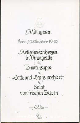 SPEISEKARTE DER BUNDESREGIERUNG zum Mittagessen, Bonn 10....