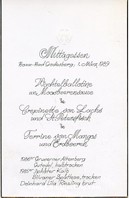 SPEISEKARTE DER BUNDESREGIERUNG zum Mittagessen, Bonn -...