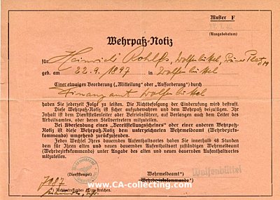 WEHRPASS-NOTIZ für Heinrich Rohlfs, ausgestellt...