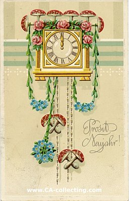 PRÄGEDRUCK-NEUJAHRS-POSTKARTE 'Prosit Neujahr!' Uhr...