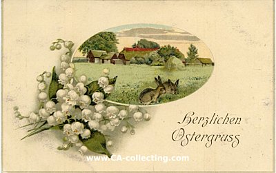 OSTERGRUSS-POSTKARTE 'Herzlichen Ostergruss' Hasen vor...