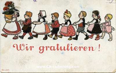 GEBURTSTAGS-POSTKARTE 'Wir gratulieren!' Kinderkette....