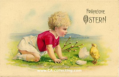 OSTERGRUSS-POSTKARTE 'Fröhliche Ostern!' Kind vor...