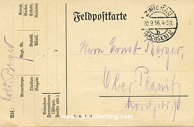 FELDPOSTKARTE des Soldaten Berger. 1916 aus Zwickau...