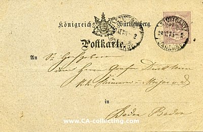 WÜRTTEMBERG - GANZSACHE-POSTKARTE - 5 PFENNIG 1875...