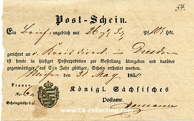 SACHSEN - POST-SCHEIN Meissen 31. Mai 1850 für einen...