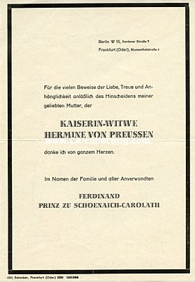 DANKSAGUNGSBRIEF 1947 des Ferdinand Prinz zu...