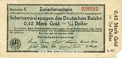 SCHATZANWEISUNGEN DES DEUTSCHEN REICHS 0,42 MARK GOLD =...