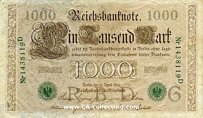 REICHSBANKNOTE EIN TAUSEND (1000) MARK 21. April 1910....