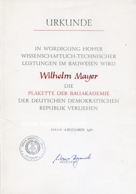 BAUAKADEMIE DER DDR. Verleihungsurkunde zur Plakette 'In...