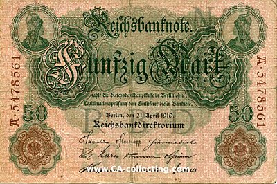 REICHSBANKNOTE FÜNFZIG (50) MARK 21. April 1910....