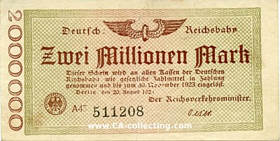 DEUTSCHE REICHSBAHN KASSENSCHEIN ZWEI (2) MILLIONEN MARK...