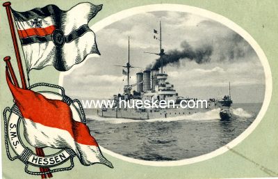 PHOTO-POSTKARTE 'S.M.S. Hessen' mit farbigen Flaggen....