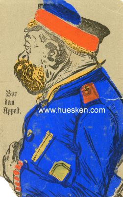 HANDGEMALTE HUMOR-POSTKARTE 'Vor dem Appell'. 1909 aus...