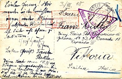 KRIEGSGEFANGENEN-POSTKARTE 1918 nach Sizilien gelaufen,...