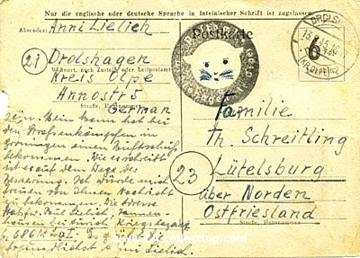 POSTKARTE aus Drolshagen vom 13. August 1945. Linker Rand...