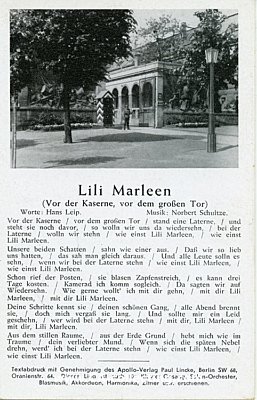 WEHRMACHT-LIEDER-POSTKARTE 'Lili Marleen'. G/0592 Verlag...