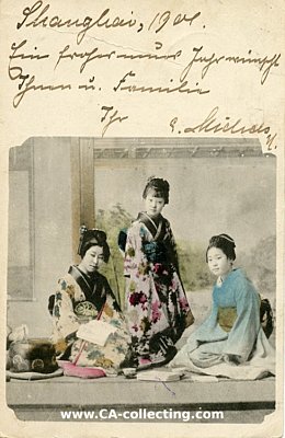 FARB-POSTKARTE 'Drei Geishas' 1901 aus Shanghai als...