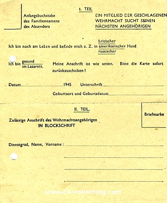 KRIEGSGEFANGENEN-POSTKARTE 1945 'Ein Mitglied der...