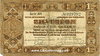 NIEDERLANDE. ZILVERBON GROOT EEN (1) GULDEN 1938.