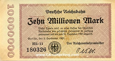 DEUTSCHE REICHSBAHN KASSENSCHEIN ZEHN (10) MILLIONEN MARK...