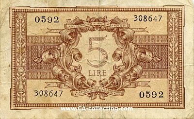 Foto 2 : ITALIEN. BANKNOTE CINQVE (5) LIRE 1944. Gebraucht.