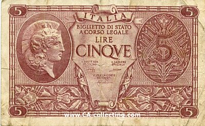 ITALIEN. BANKNOTE CINQVE (5) LIRE 1944. Gebraucht.