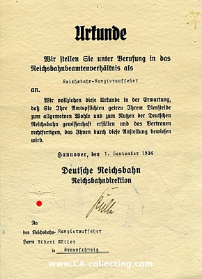 URKUNDE der Reichsbahndirektion Hannover zur Berufung in...