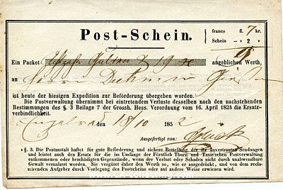 HESSEN - POST-SCHEIN 18. Oktober 1852 für ein Paket...