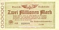 DEUTSCHE REICHSBAHN KASSENSCHEIN ZWEI (2) MILLIONEN MARK